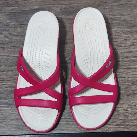 Crocs Low Wedge Slides Size 10 pink white Strappy Slip On Summer Comfort Sandals - Picture 4 of 12